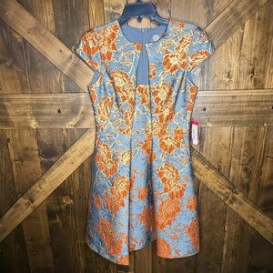 NEW Vince Camuto Cap Sleeve Fit & Flare Grey Orange Metallic Jacquard Dress SZ 2